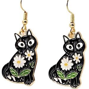 Cute Black Cat Daisy Flower Drop Earrings Whimsical Animal & Floral Jewelry